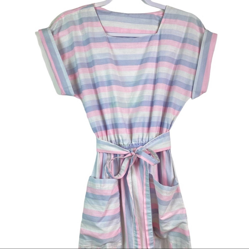 Handmade Pocket Front Pastel Striped Dress